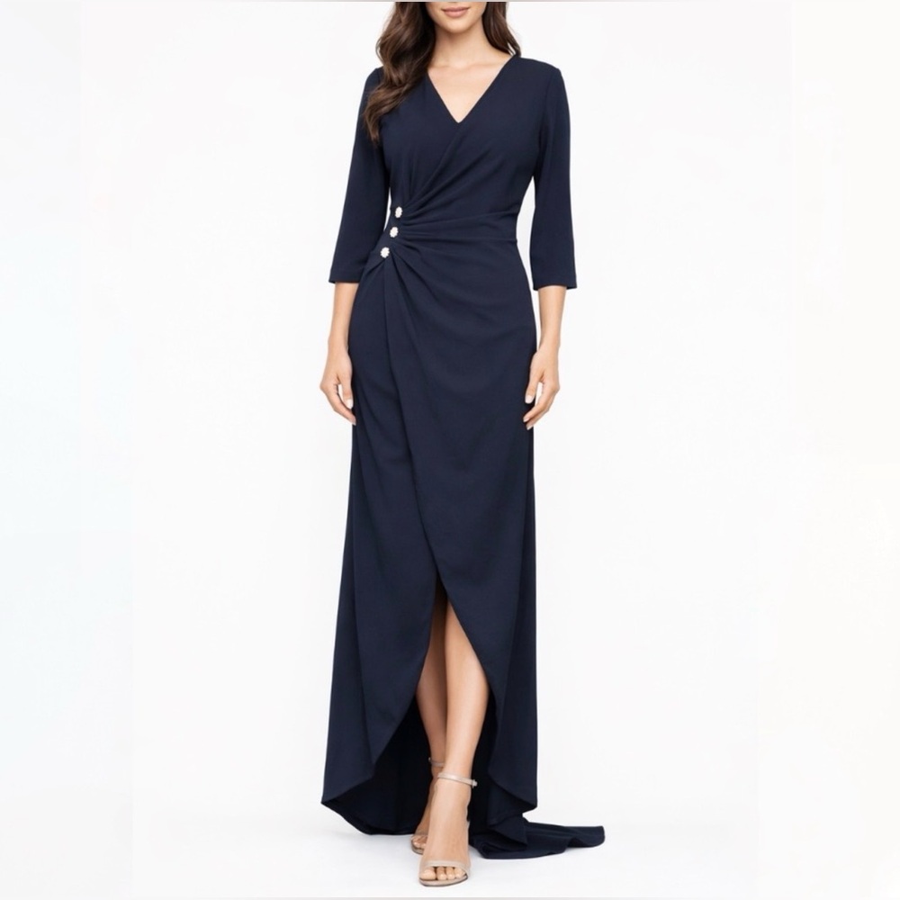 Calvin Klein Navy Blue Long Sleeve Ruched Slit Faux Wrap Fully Lined Dress